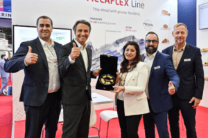 L-R: From left to right: Nicolas dos Santos, Services Sales Manager, MECATHERM; Raymond Nogael, VP Business Development and Marketing TMG; Gulfood Manufacturing representative; Jérémy Hogrel, Global Strategic Sales Support, MECATHERM; Jean-Yves Bruckert, Account Manager, MECATHERM.
